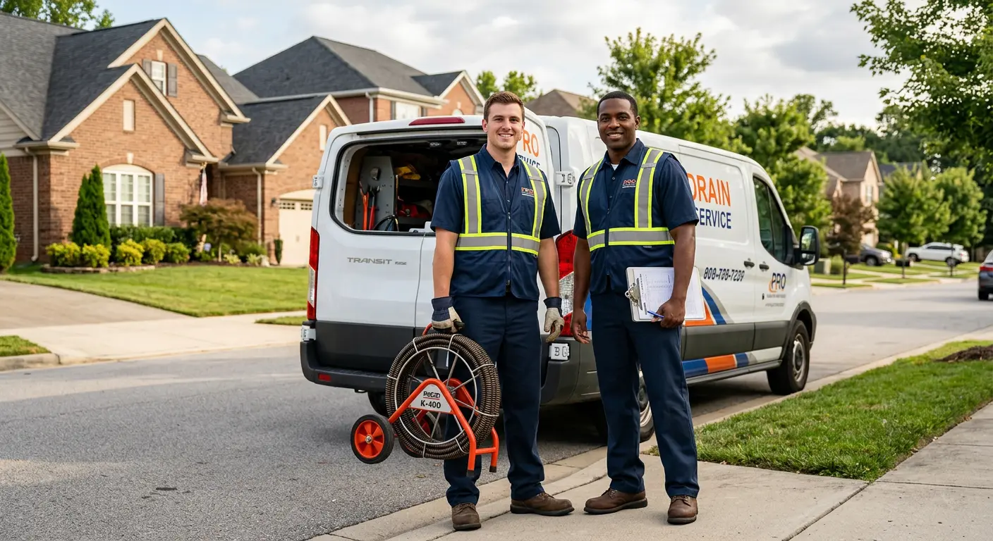 Sewer and drain service team with equipment ready for work in Bedford