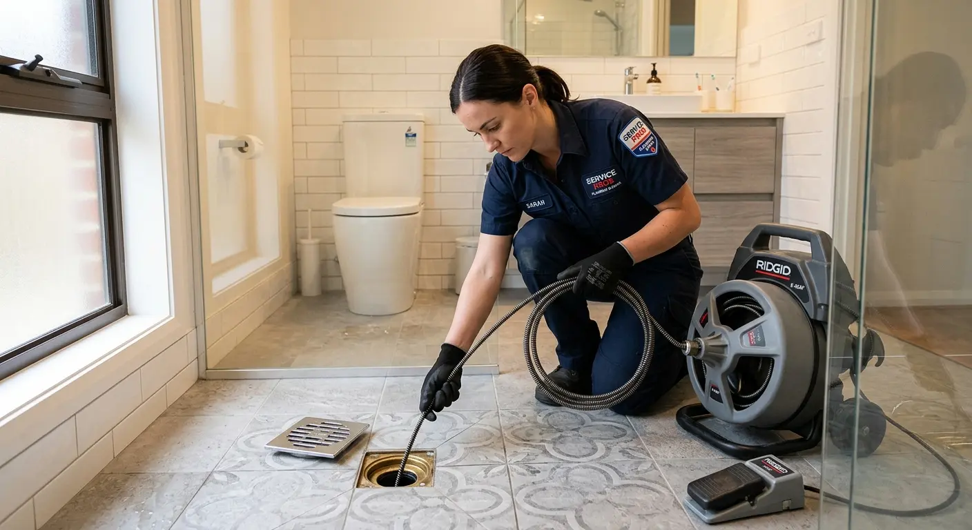 Technician clearing a bathroom floor drain for Hydro Jetting in Bedford